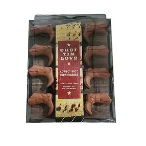 Chef Tim Love Cowboy Boot Corn Holders Set of 8 Stainless Steel Prongs Brown NIB